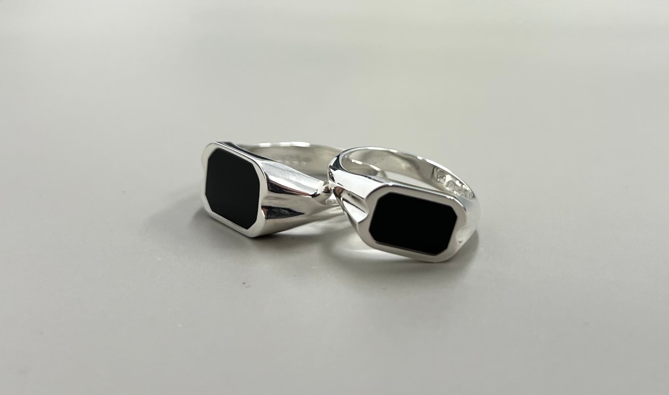 Couples Bespoke Silver Signet Rings with Black Enamel